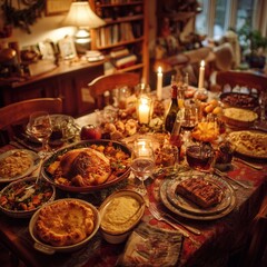 A Cozy Thanksgiving Dinner Setting with a Bountiful Feast on the Table Surrounded by Warm Lighting and Seasonal Decor