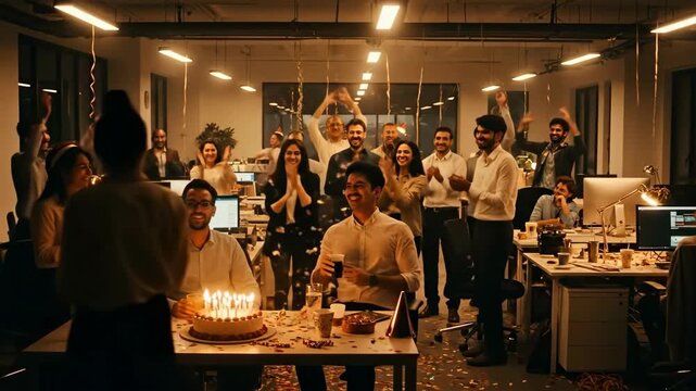 A lively office celebration with employees enjoying a birthday cake and festive atmosphere. Team members are smiling, creating a joyful and collaborative workplace environment.