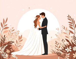 A cartoon couple embraces on their wedding day, surrounded by flowers and a soft background