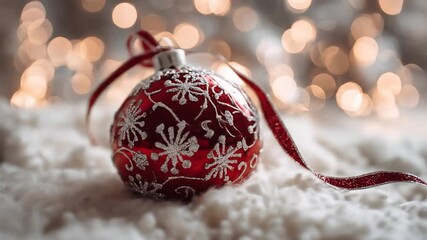 Festive red Christmas ornament with white snowflake patterns and ribbon on a soft snowy surface with warm bokeh lights, holiday spirit