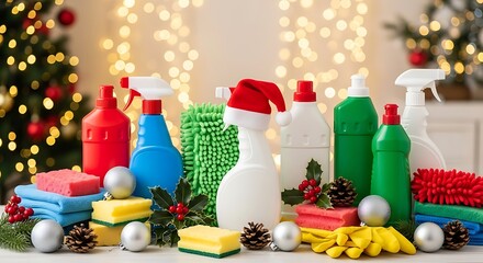 Festive holiday cleaning supplies ready for a sparkling Christmas home