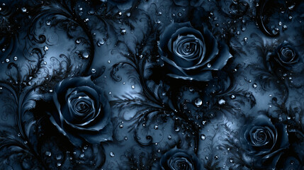 Midnight Blue Roses with Dew, Gothic Floral Wallpaper