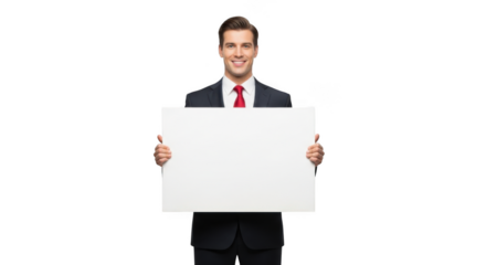 Smiling businessman in a suit holding a blank white sign for your message isolated on transparent background