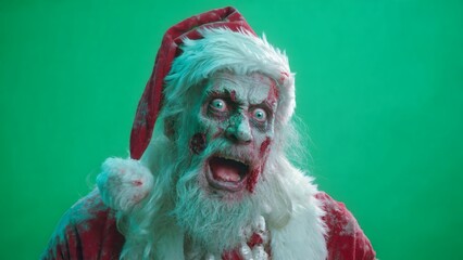 Zombie Santa Delivering Brains on Green Screen - Scary Zombie Santa Claus Carrying Brains Instead of Presents Against Chroma Key Background