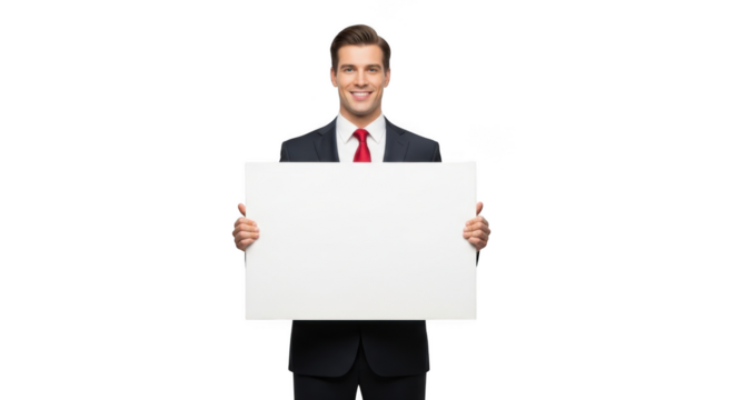 Smiling businessman in a suit holding a blank white sign for your message isolated on transparent background