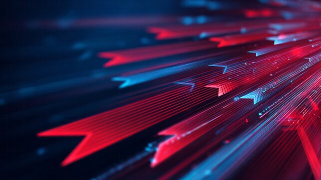 Glowing digital arrows rapidly move forward through a dark, abstract space