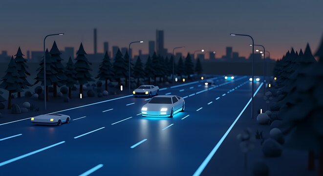 Futuristic autonomous vehicles driving on a highway at night with city skyline
