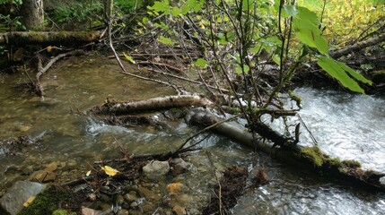 obstacles. A partially blocked stream with water flowing around branches and rocks. ESG reports, sustainability campaigns, designed for environmental awareness campaigns, used by product managers.