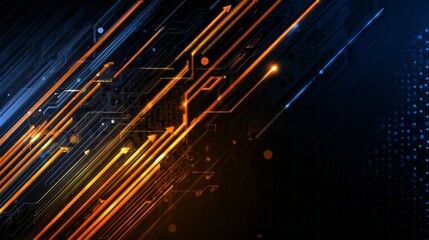 Illuminated digital pathways ascend diagonally across a dark background with contrasting light streaks.