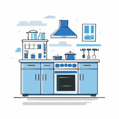 Sleek and functional kitchen interior with modern blue cabinetry and essential cooking appliances. A minimalist design for a contemporary home culinary space