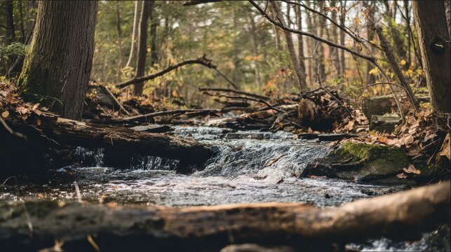 obstacles. A partially blocked stream with water flowing around branches and rocks. ESG reports, sustainability campaigns, designed for environmental awareness campaigns, used by product managers.