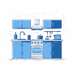 Modern blue kitchen interior illustration with cabinetry, stove, sink, and overhead hood, clean design
