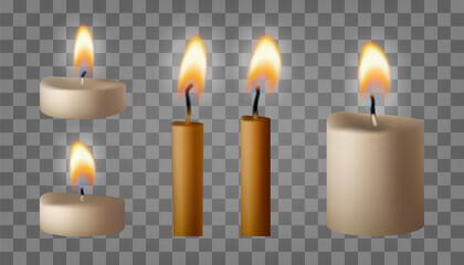 Candle gold flame set. Memorial, short tea light. Burning Bday or wedding fires, vector isolated illustration. 3d lit torch, transparent candlelight. Blow to extinguish wick, spa paraffin heat symbol