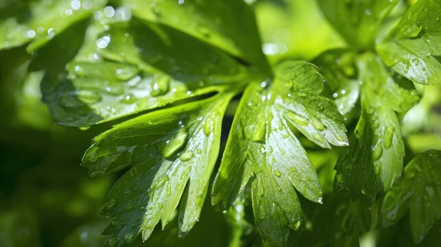 lovage. Fresh green lovage leaves glistening with morning dew. gardening catalogs, home-decor guides, designed for home decor and floral branding, used by recruiters.