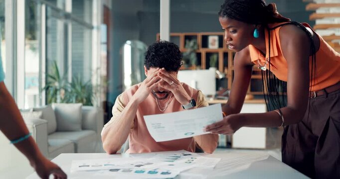 Business, chaos and man with headache, multitasking or speed with burnout, laptop or tension. People, time lapse or employees in office, pc or migraine with pressure, exhausted or task management