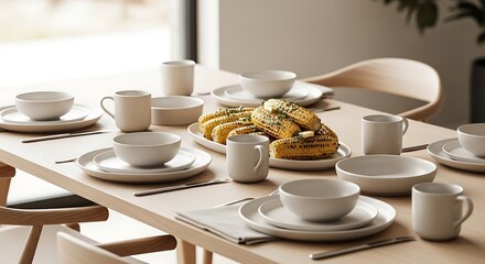 Table setting with grilled corn on the cob and white dishes creating an inviting dining experience