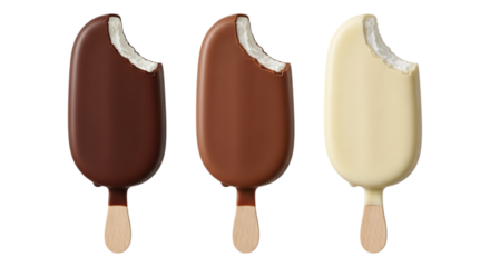 Three bitten ice cream bars chocolate and vanilla isolated on transparent background