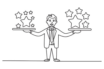 Cartoon of businessman holding comparing quality of stars. Metaphor for quality vs quantity. one line Icon drawing with white background