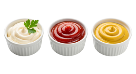 Three condiment ramekins with mayonnaise ketchup and mustard isolated on transparent background