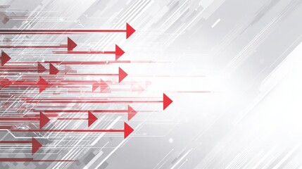 Dynamic digital streaks of red arrows move rapidly across a light gray technological background