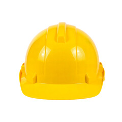 Fototapeta premium A bright yellow construction safety helmet (hard hat) facing forward and isolated on a clean light gray background.
