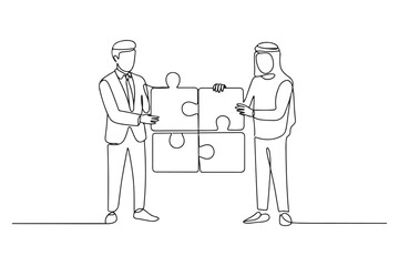 Drawing of arab businessman with friend connecting the puzzle. one line Icon drawing with white background