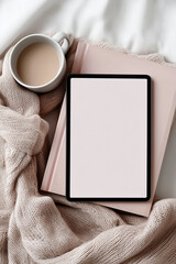 Tablet Mockup with Coffee and Cozy Knit Blanket