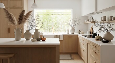 Modern kitchen design with natural wood cabinets and autumn decorations on the counter top