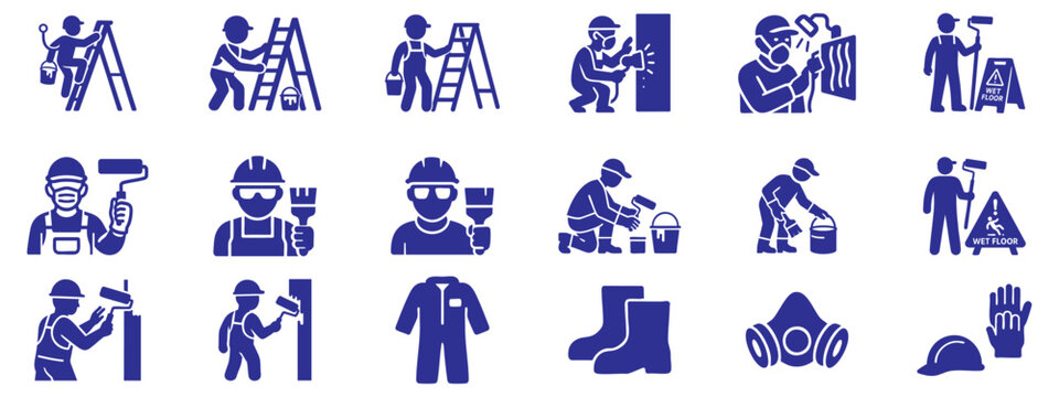 Painter Safety Filled Icons  Solid Vector Set of Painting Work, Protective Gear, and Workplace Safety Symbols