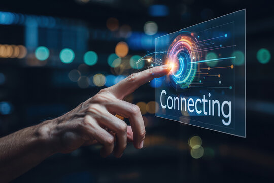 Hand touching digital interface connecting global network with data exchange and communication concept