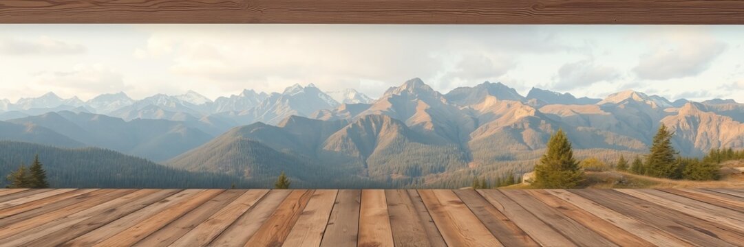 Wooden deck provides a scenic lookout point to views of distant snowcapped mountains and lush green valleys under a soft, overcast sky creating a serene vista. - Powered by Adobe