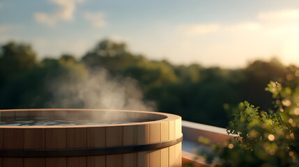 Wooden hot tub with steam on balcony in a natural setting  