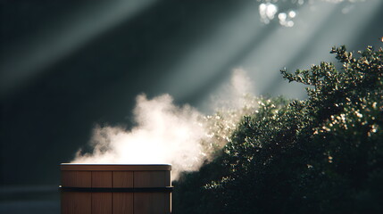 Wooden barrel emitting steam in sunlight among greenery  