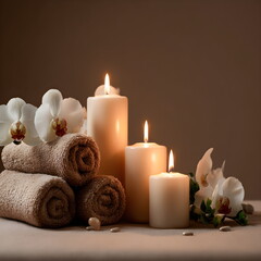 Soft towels and lit candles with orchids on neutral background  