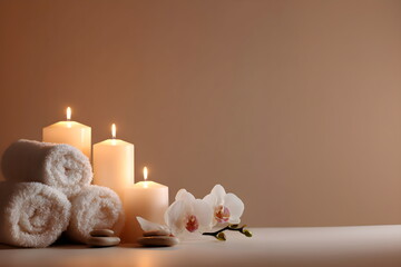 Spa setting with rolled towels, candles, and orchid flowers, layout with copy space  