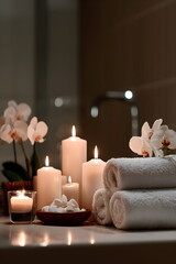 Spa arrangement with towels, candles, and flowers in serene setting  