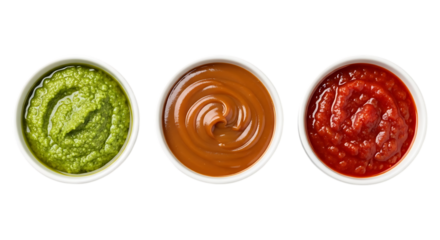 Three oval bowls filled with green brown and red sauces isolated on transparent background