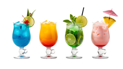 a set of cocktails: gin tonic, blue lagoon, tequila sunrise, iced irish coffee, pina colada, mai tai, cocktail with rum, whiskey, mojito, bar menu drinks, cocktails isolated PNG	