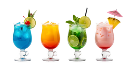 a set of cocktails: gin tonic, blue lagoon, tequila sunrise, iced irish coffee, pina colada, mai tai, cocktail with rum, whiskey, mojito, bar menu drinks, cocktails isolated PNG	