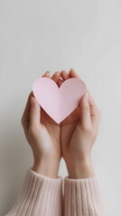 Hands holding pink paper heart on light background  
