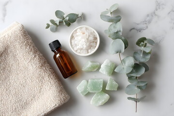 Spa essentials with eucalyptus, bath salt, and towel on marble surface  