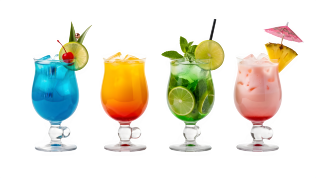 a set of cocktails: gin tonic, blue lagoon, tequila sunrise, iced irish coffee, pina colada, mai tai, cocktail with rum, whiskey, mojito, bar menu drinks, cocktails isolated PNG	