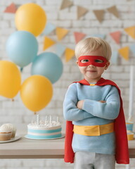 Young boy in superhero costume smiling at birthday party with cake  