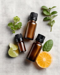Essential oil bottles with citrus fruits and fresh herbs on linen  