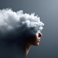 Young person with cloud-like thoughts against dark background, design philosophic banner  
