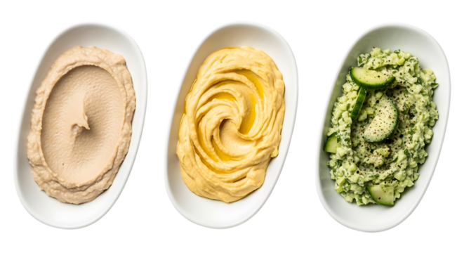 Three oval dishes of delicious dips isolated on transparent background - Powered by Adobe