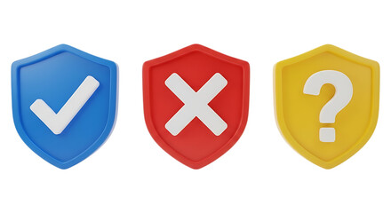 Three shield icons representing yes no and question isolated on transparent background