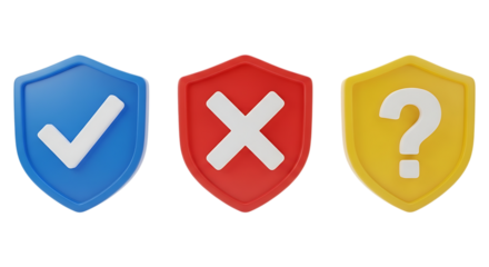 Three shield icons representing yes no and question isolated on transparent background