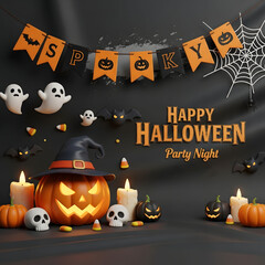 A spooky and festive 3D illustration for a Halloween party night, featuring a glowing Jack-o'-lantern with a witch hat, ghosts, and bats