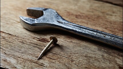 misuse. Wrench with a dented jaw resting beside a bent nail on a wooden surface under soft side lighting. safety posters.